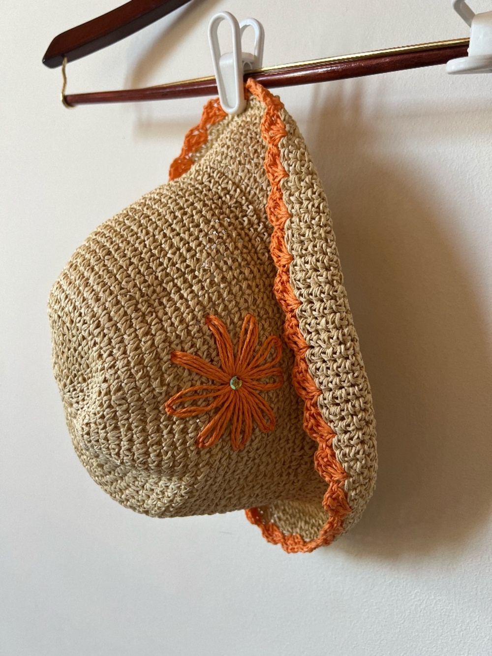 Crochet Straw Sun Hat Orange Flower Wide Brim One Size